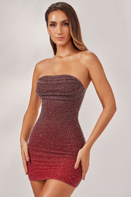 Ozdobna sukienka mini bez ramiączek w kolorze czerwono-brązowym Ombré