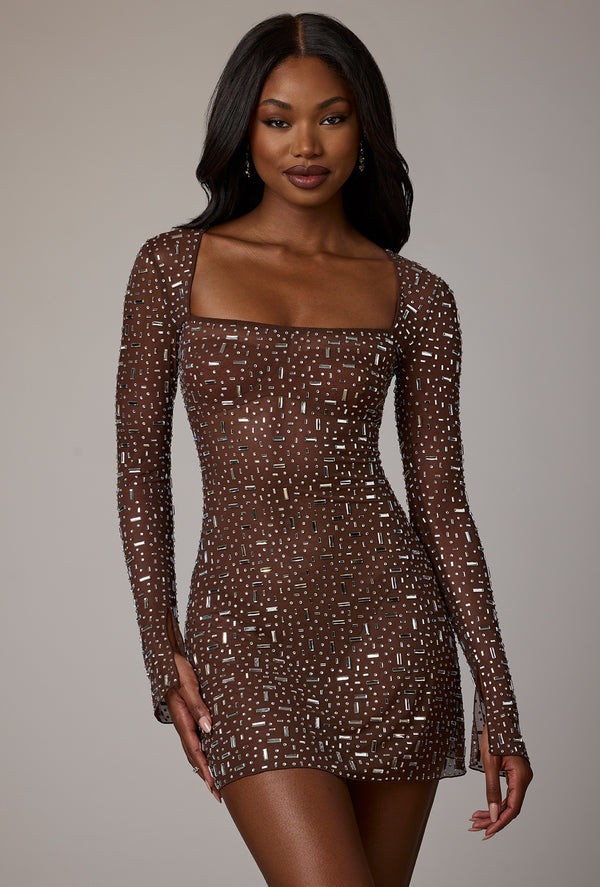 Sheer Embellished Long Sleeve A-Line Mini Dress in Deep Cocoa - 1