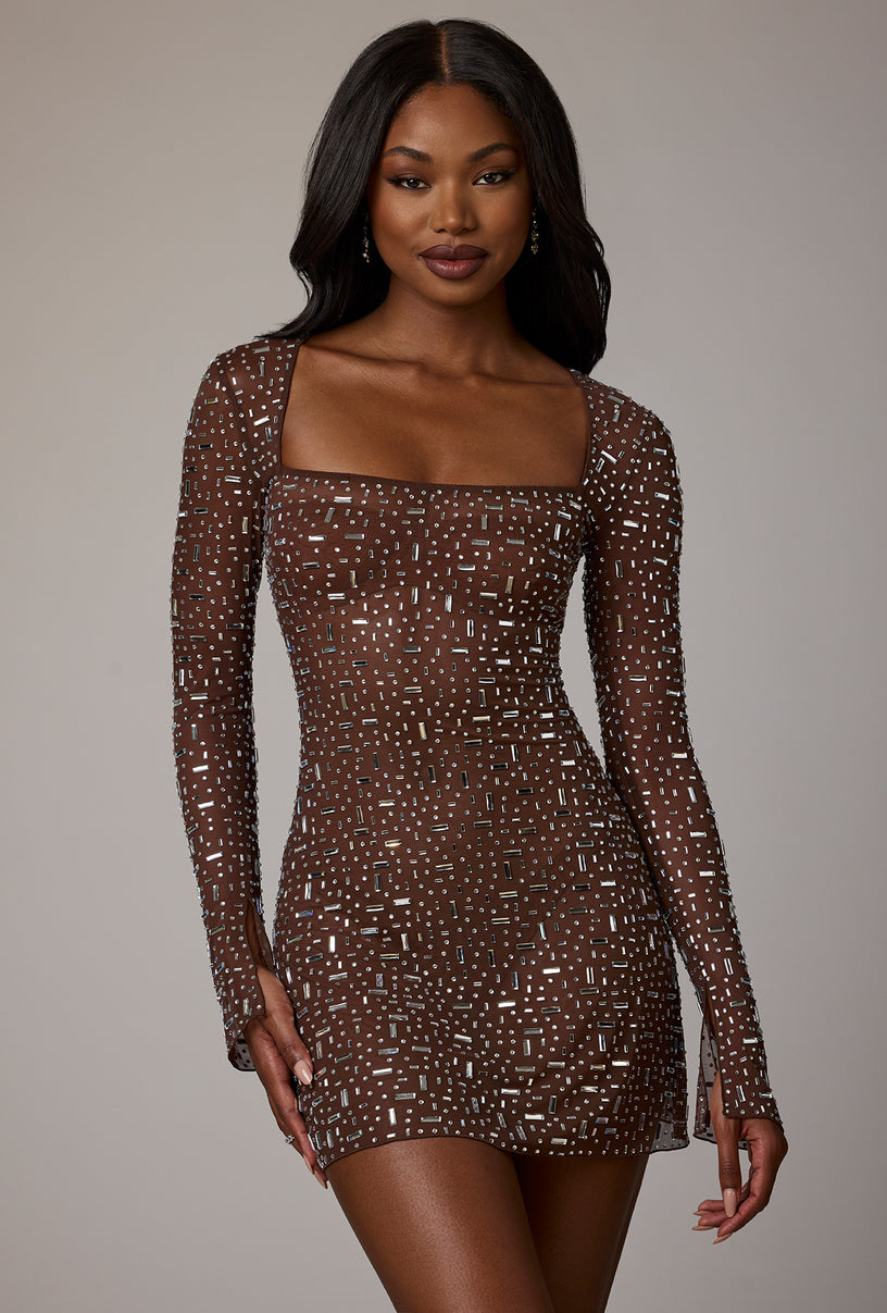 Sheer Embellished Long Sleeve A-Line Mini Dress in Deep Cocoa - 1