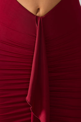 Slinky Jersey Cut Out Ruffle Racerback Maxi Dress in Ruby