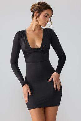 Sukienka mini z długim rękawem i głębokim dekoltem w kolorze czarnym