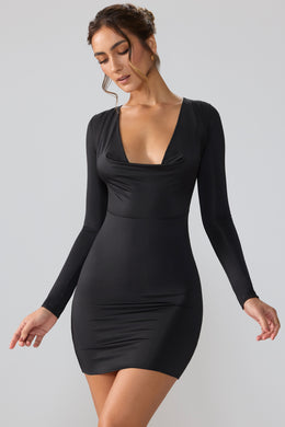 Slinky Jersey Long Sleeve Plunge Neck Mini Dress in Black