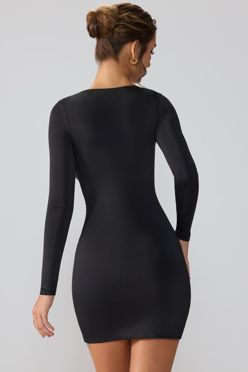 Slinky Jersey Long Sleeve Plunge Neck Mini Dress in Black - 2