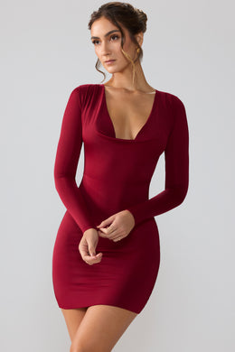 Slinky Jersey Long Sleeve Plunge Neck Mini Dress in Ruby