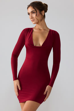 Slinky Jersey Long Sleeve Plunge Neck Mini Dress in Ruby