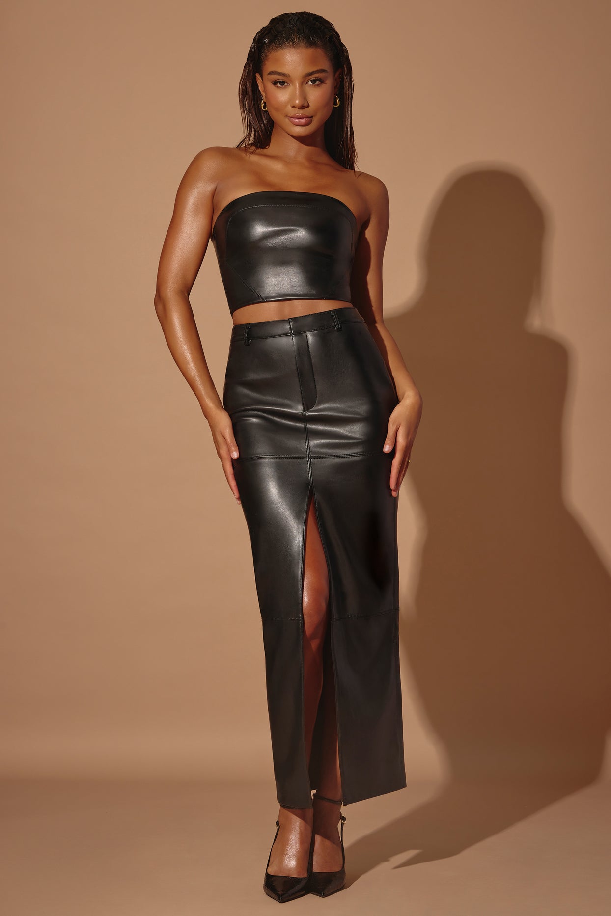 Mid-Rise Vegan Leather Maxi Skirt in Black