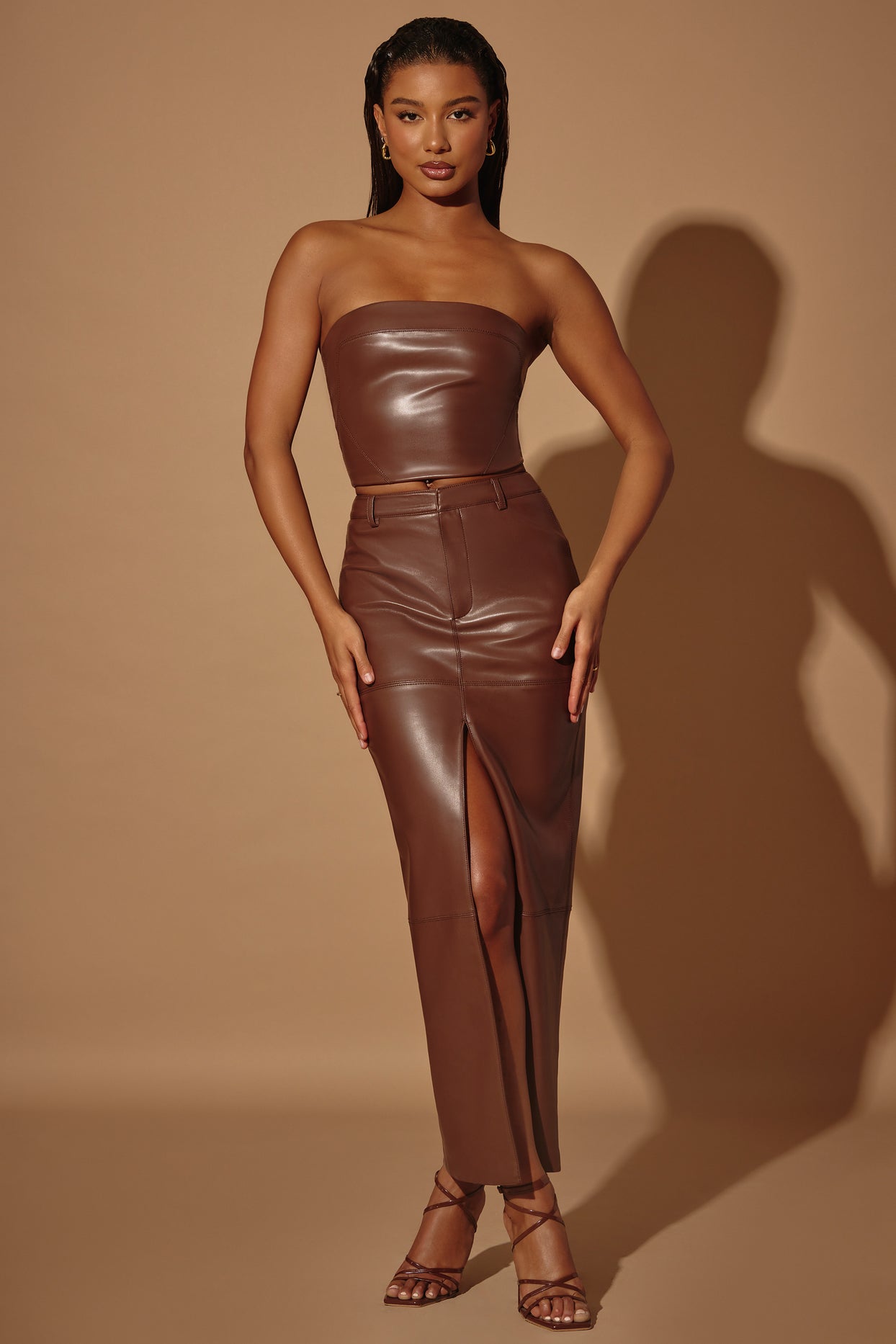 Mid-Rise Vegan Leather Maxi Skirt in Brown