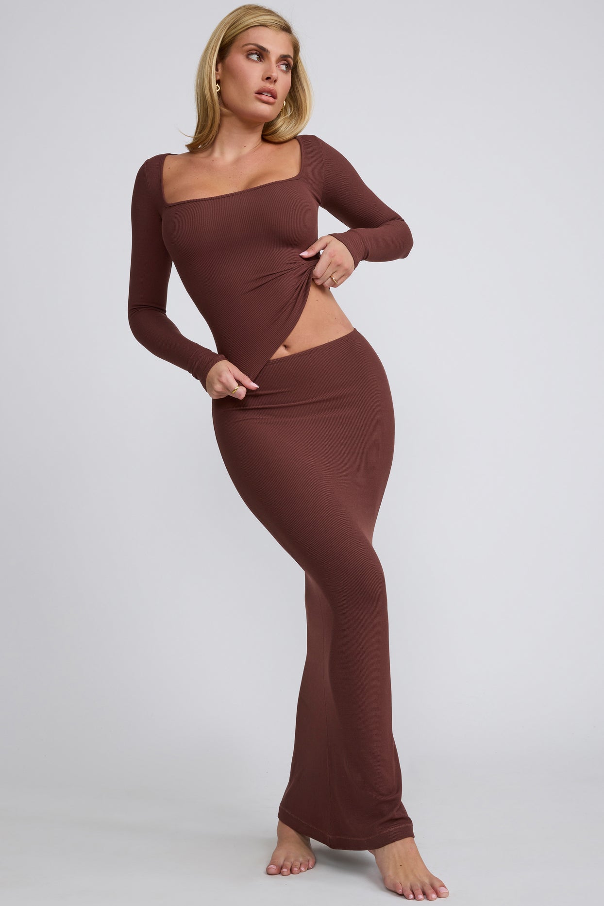 Ribbed Modal  Long Sleeve Top in Chocolate