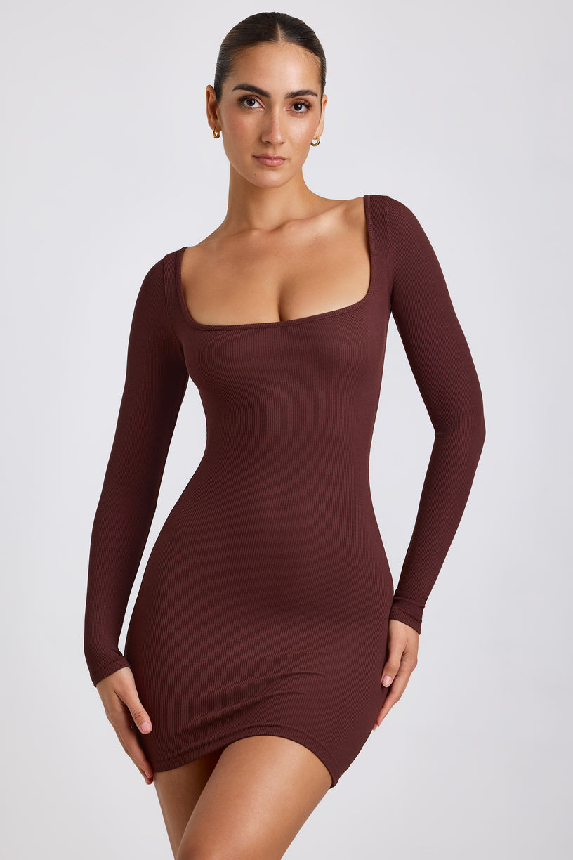 Ribbed Modal Long Sleeve Mini Dress in Chocolate - 1