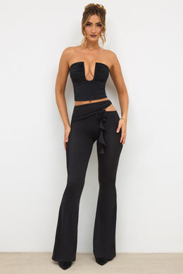 Premium Jersey Rose Detail Mid-Rise Flare Trousers in Black