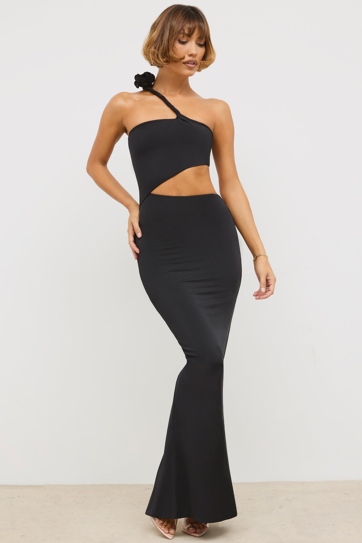 Kalina Premium Jersey Asymmetric Cut Out Maxi Dress in Black