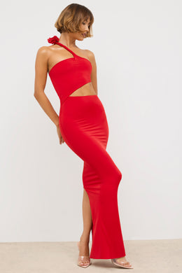Premium Jersey Asymmetric Cut Out Maxi Dress  in Scarlet Red