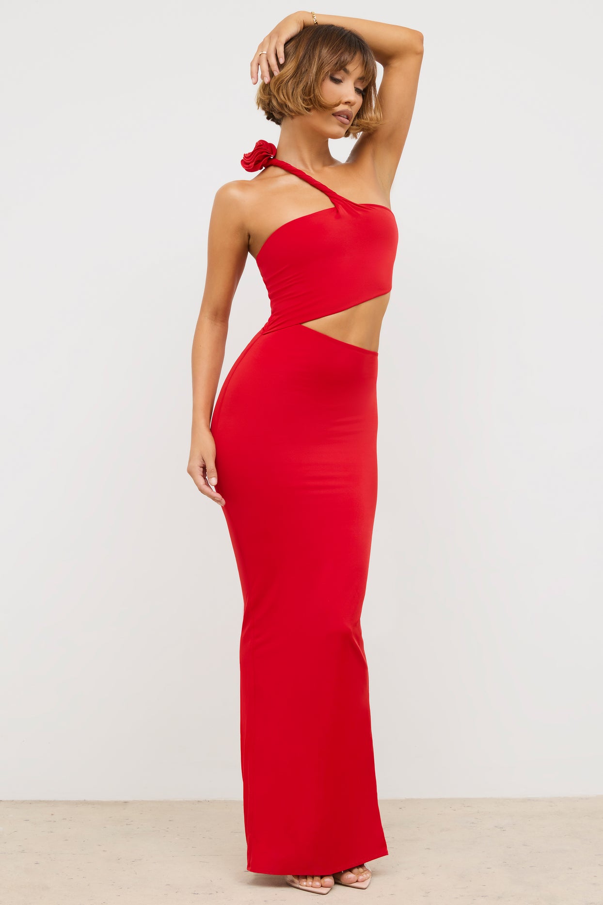 Premium Jersey Asymmetric Cut Out Maxi Dress  in Scarlet Red