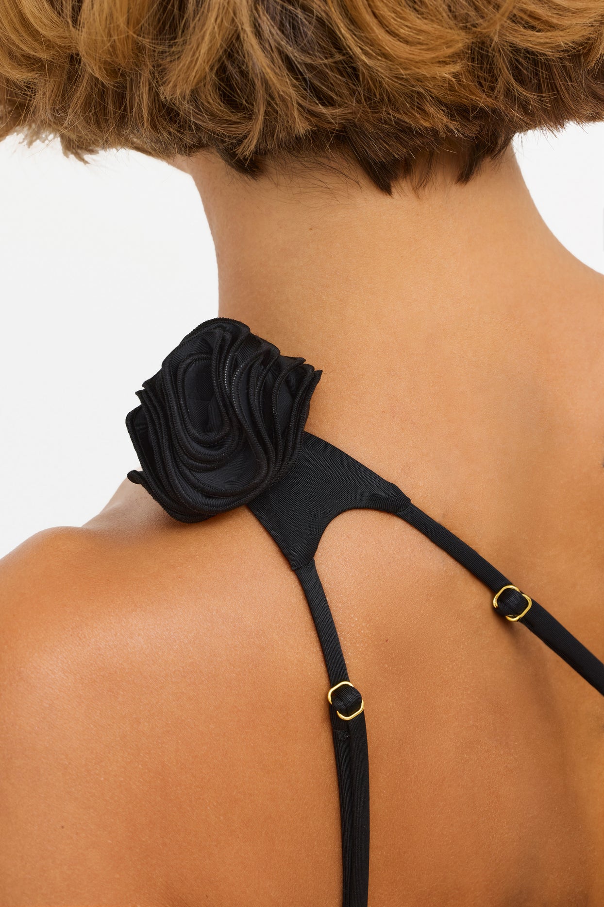 Slinky Jersey Rose Detail Asymmetric Top in Black