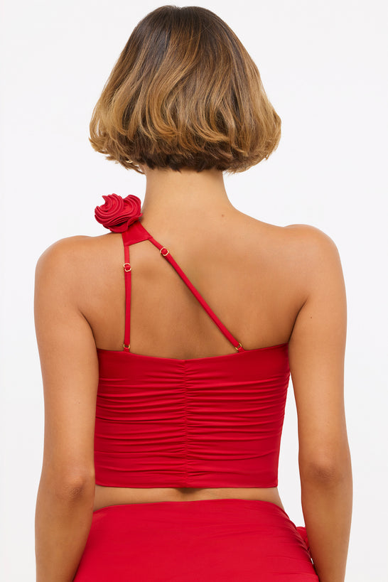 Slinky Jersey Rose Detail Asymmetric Top in Scarlet Red