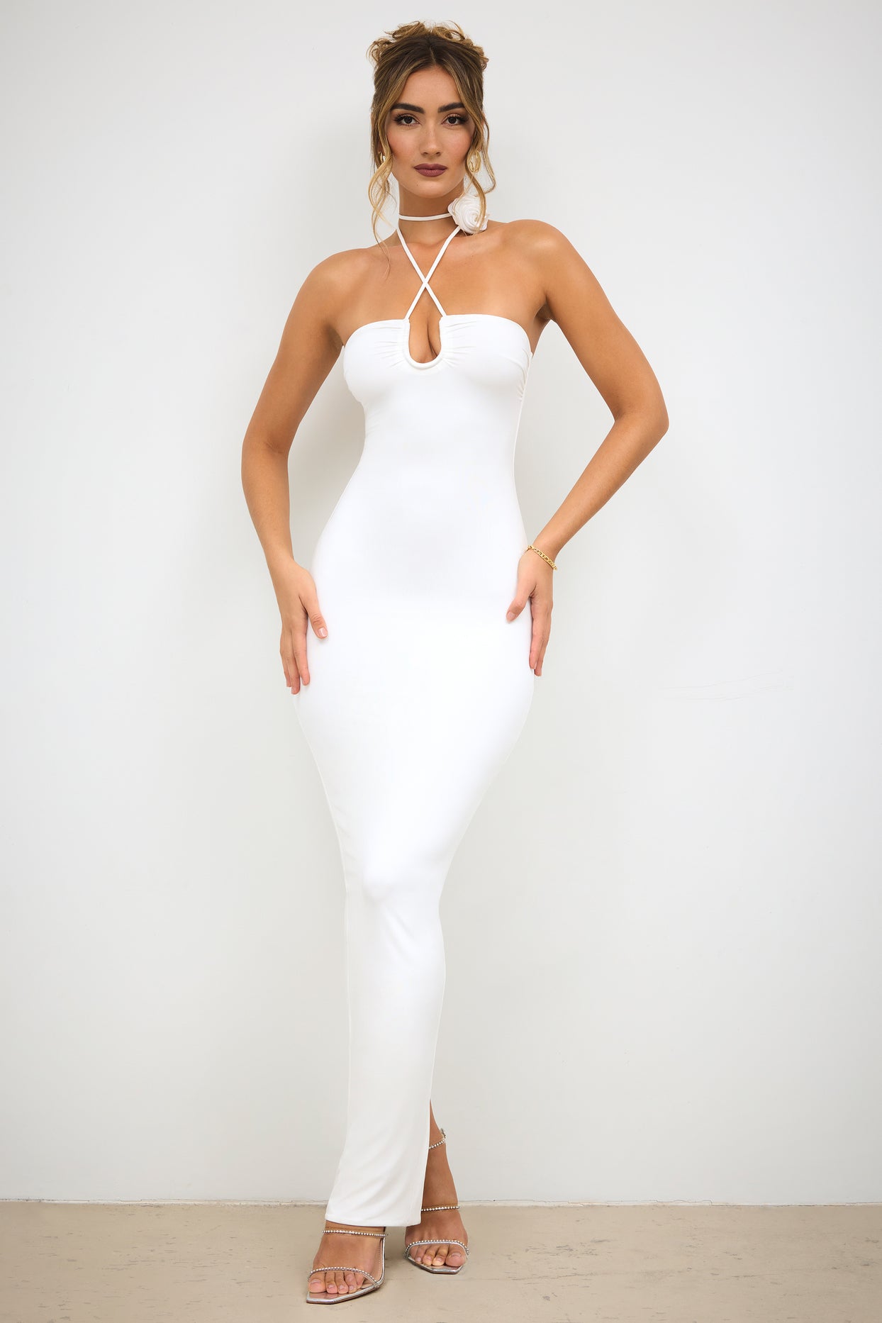 Slinky Jersey Rose Detail Halter Neck Maxi Dress in White