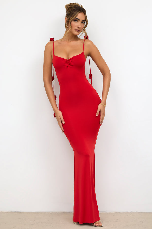 Slinky Jersey Rose Detail Evening Gown in Scarlet Red - 2