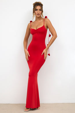 Slinky Jersey Rose Detail Evening Gown in Scarlet Red