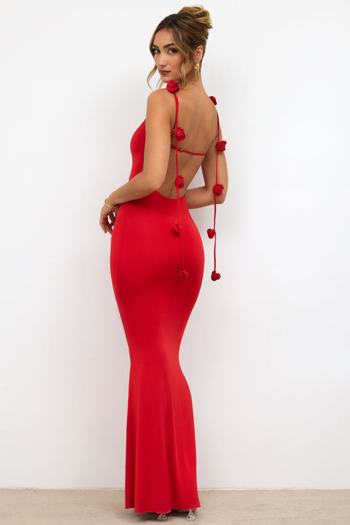 Slinky Jersey Rose Detail Evening Gown in Scarlet Red