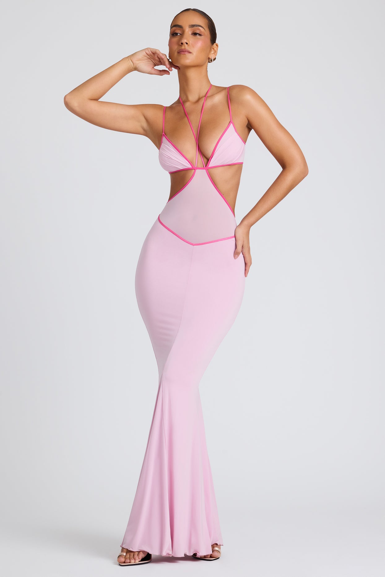 Contrast Binding Cut Out Evening Gown in Soft Pink - 8