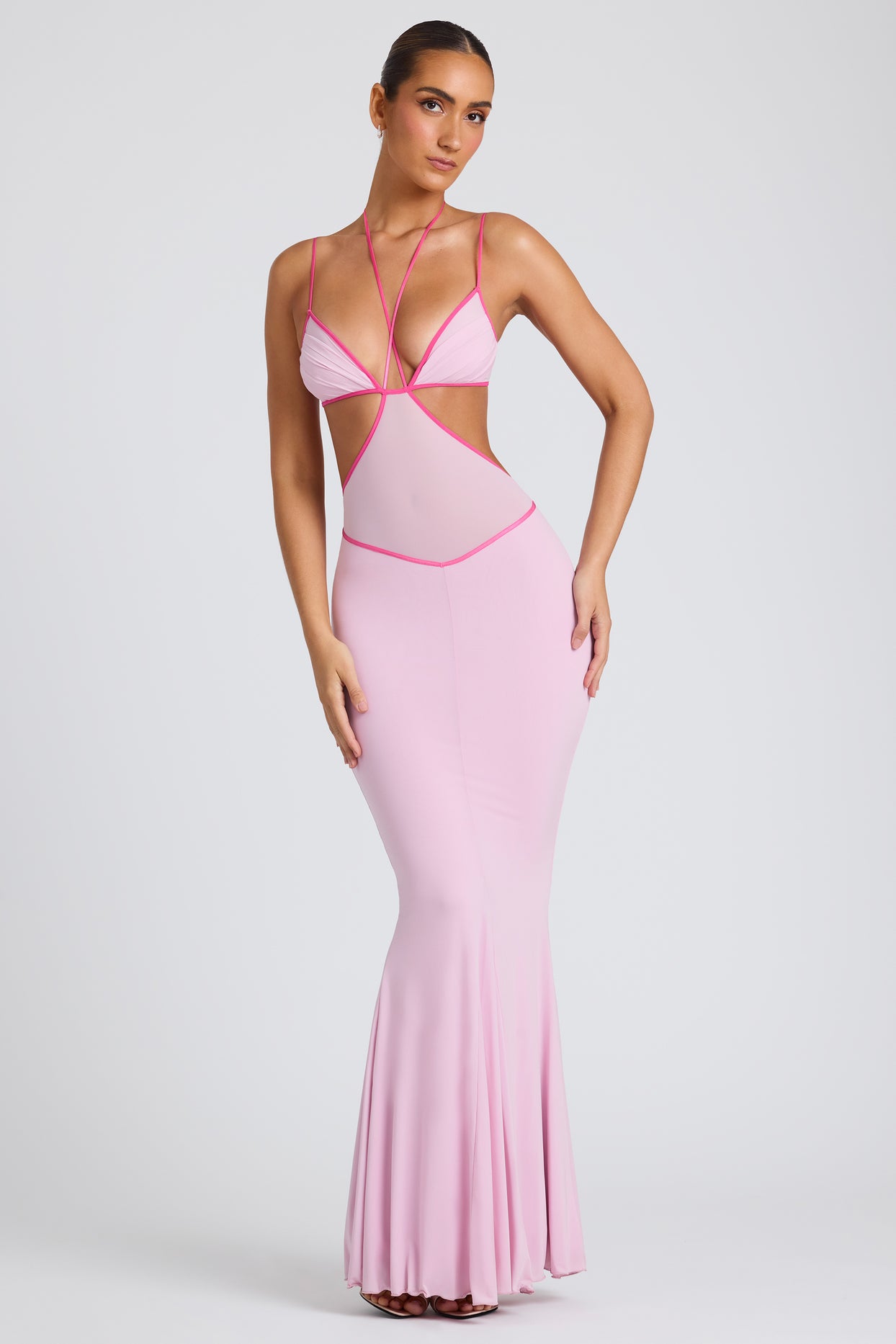 Contrast Binding Cut Out Evening Gown in Soft Pink - 9