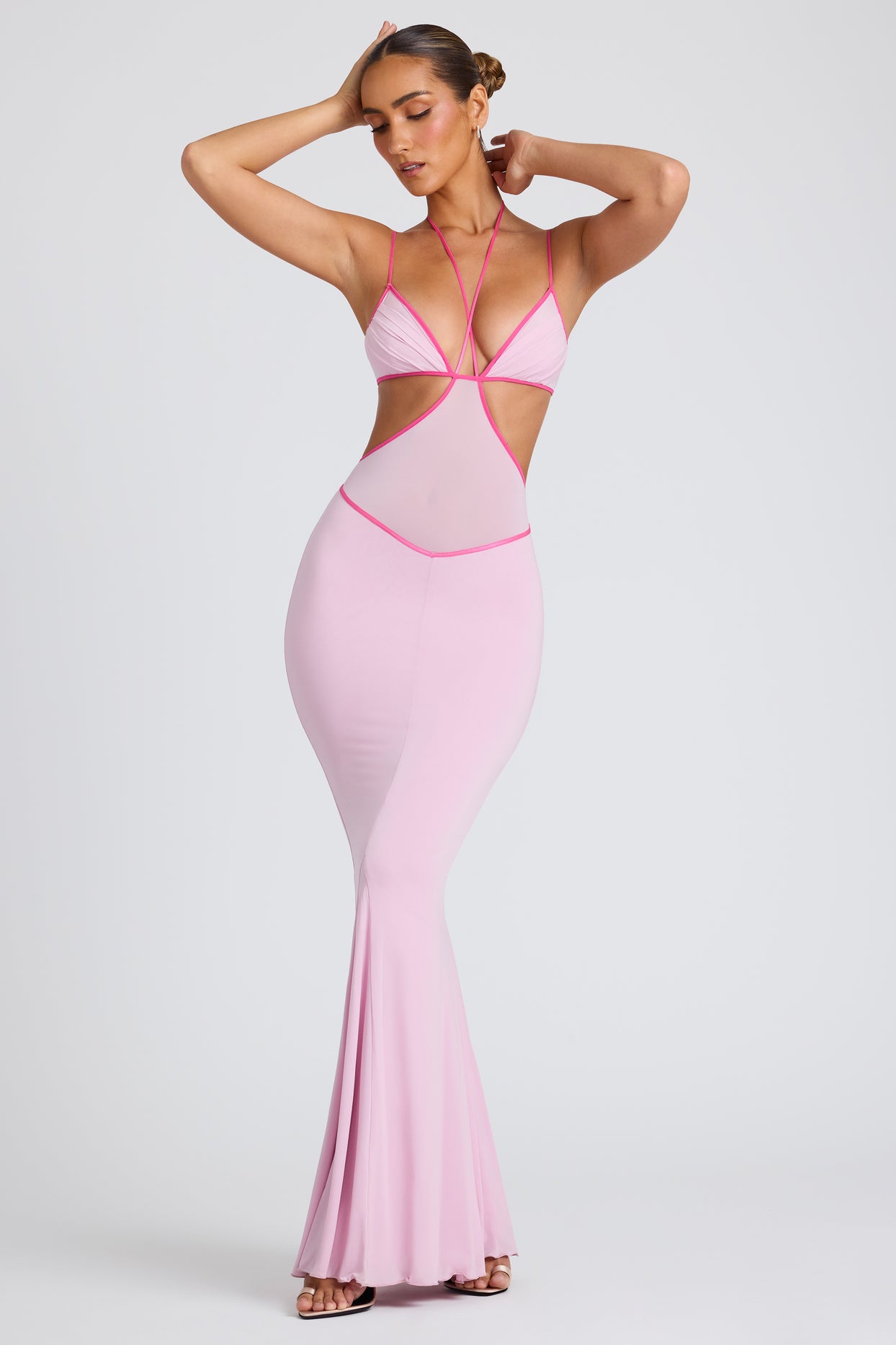 Contrast Binding Cut Out Evening Gown in Soft Pink - 1