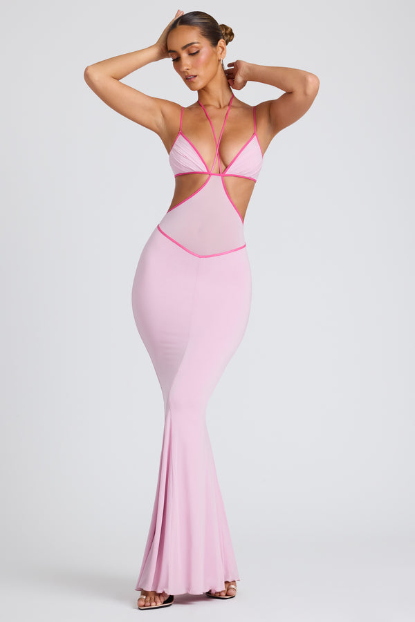 Contrast Binding Cut Out Evening Gown in Soft Pink - 1