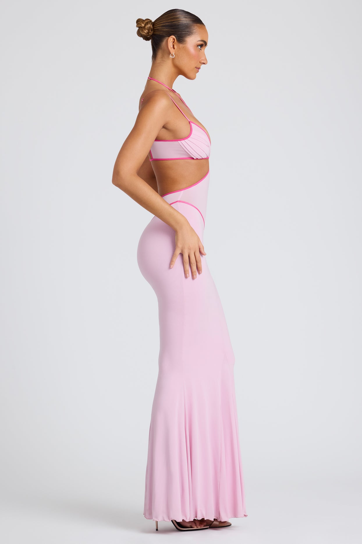 Contrast Binding Cut Out Evening Gown in Soft Pink - 3