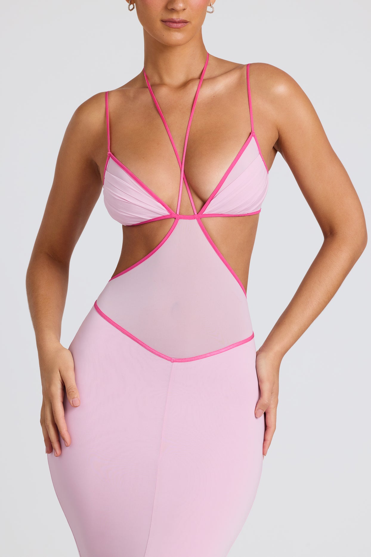 Contrast Binding Cut Out Evening Gown in Soft Pink - 5