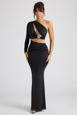 Single Sleeve Cut Out Evening Gown in Black
