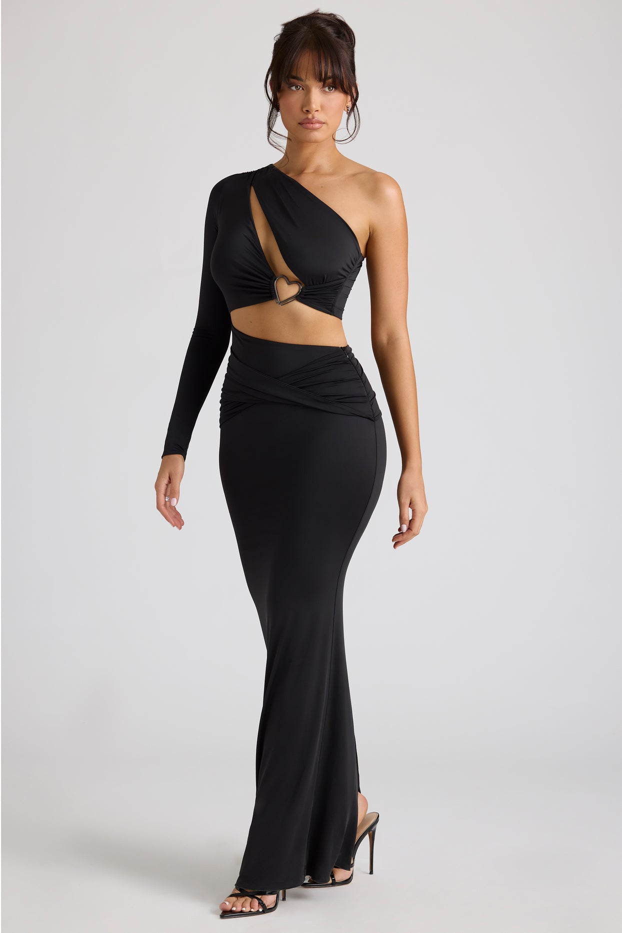 Estela Single Sleeve Cut Out Evening Gown in Black | Oh Polly