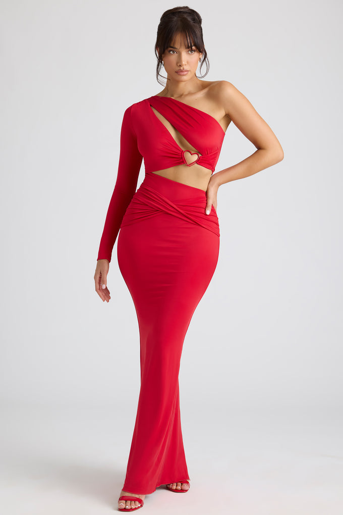 Single Sleeve Cut Out Evening Gown in Fire Red