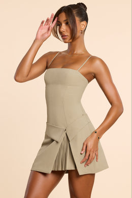 Woven Twill Wrap Over Pleated Mini Dress in Taupe