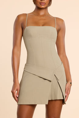 Woven Twill Wrap Over Pleated Mini Dress in Taupe