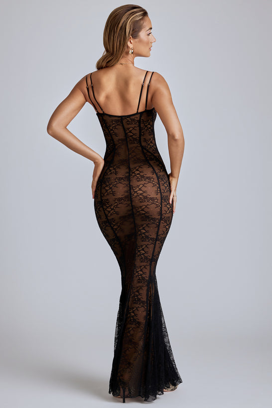 Marietta Sheer Lace Fishtail Gown in Black | Oh Polly
