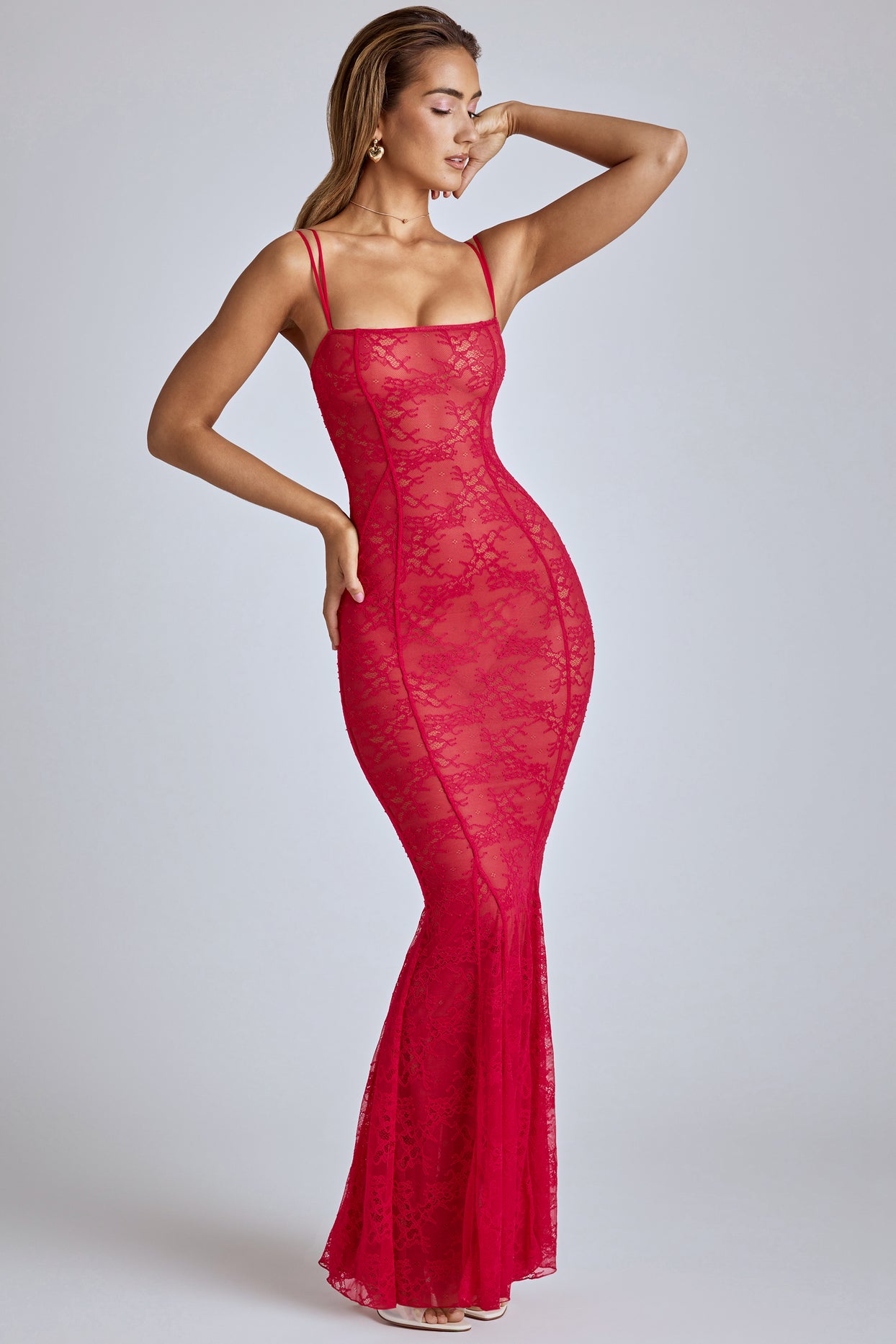 Sheer Lace Fishtail Gown in Cherry Red