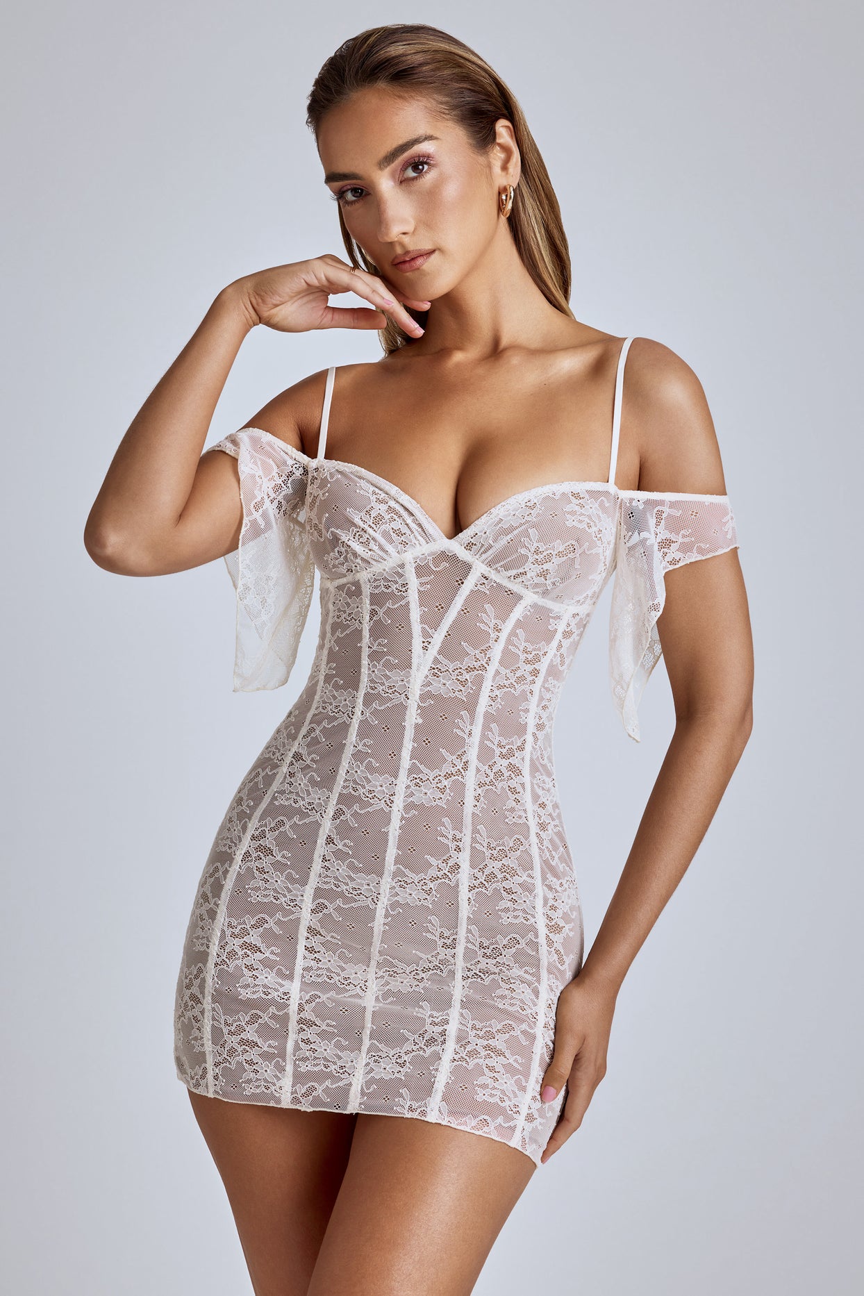 Sheer Lace A-Line Mini Dress in Ivory - 8