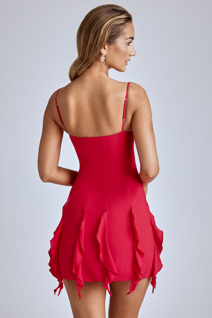 Sukienka mini z falbaną w kolorze wiśniowej czerwieni