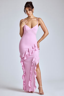 Panelled Ruffle Evening Gown in Baby Pink