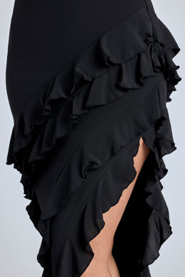 Suknia wieczorowa z panelami, falbaną w kolorze czarnym