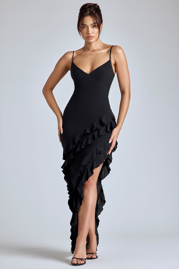 Panelled Ruffle Evening Gown in Black - 1