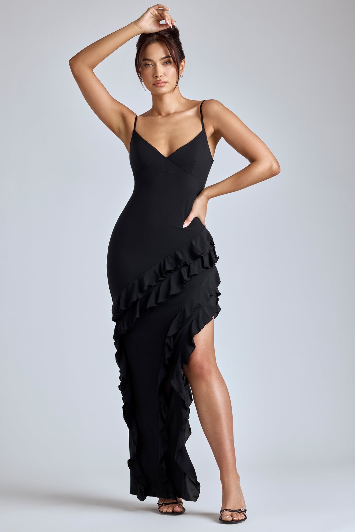 Panelled Ruffle Evening Gown in Black