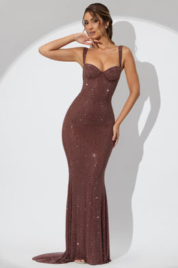 Embellished Corset Fishtail Evening Gown in Espresso