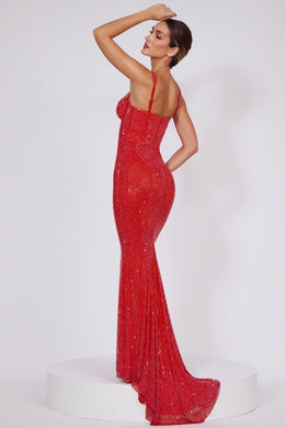 Embellished Corset Fishtail Evening Gown in Fire Red