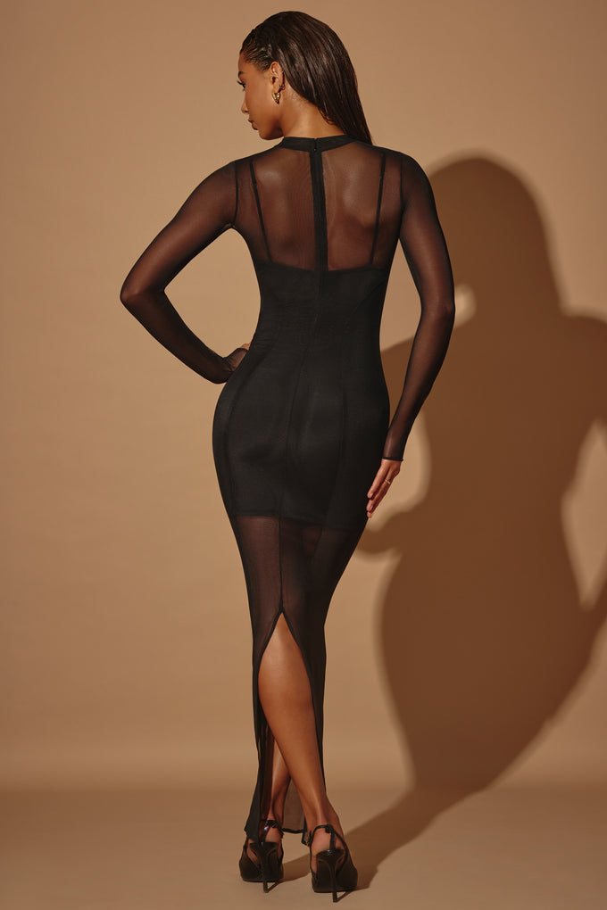 Przezroczysta, warstwowa sukienka maxi z długim rękawem w kolorze czarnym