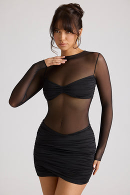 Mini-robe à manches longues et panneaux transparents, noire