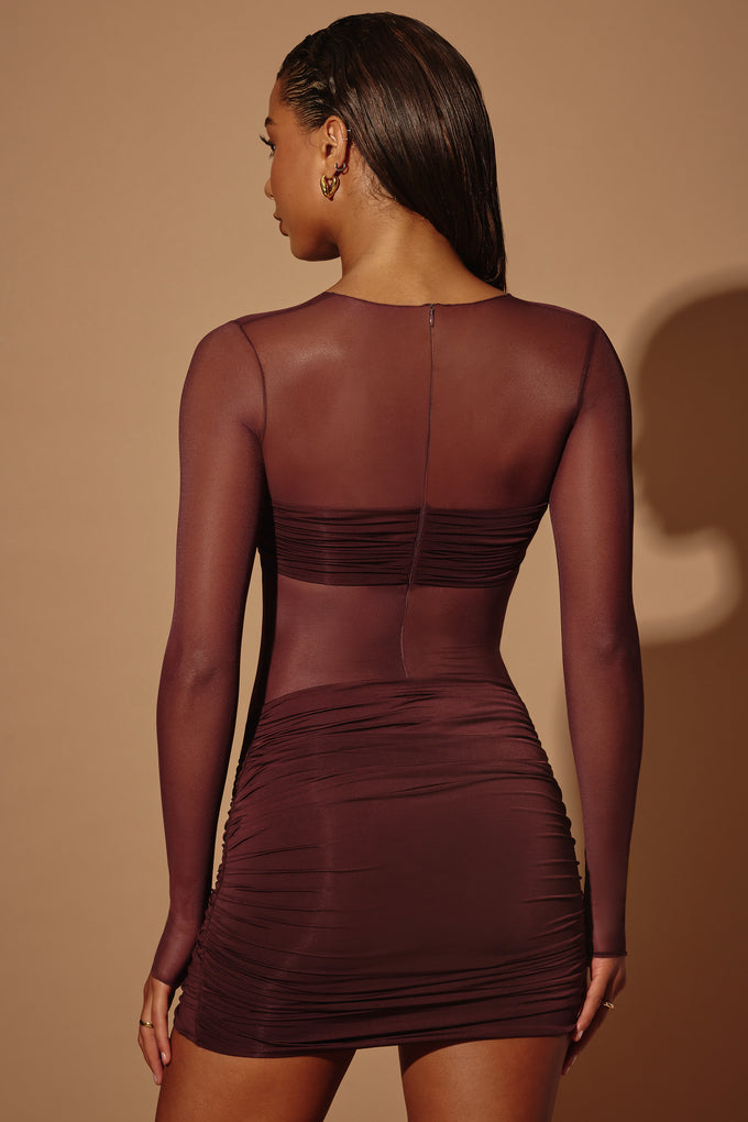 Przezroczysta, panelowa sukienka mini z długim rękawem w kolorze brązowym