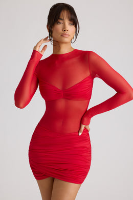 Przezroczysta, panelowa sukienka mini z długim rękawem w kolorze ognistej czerwieni