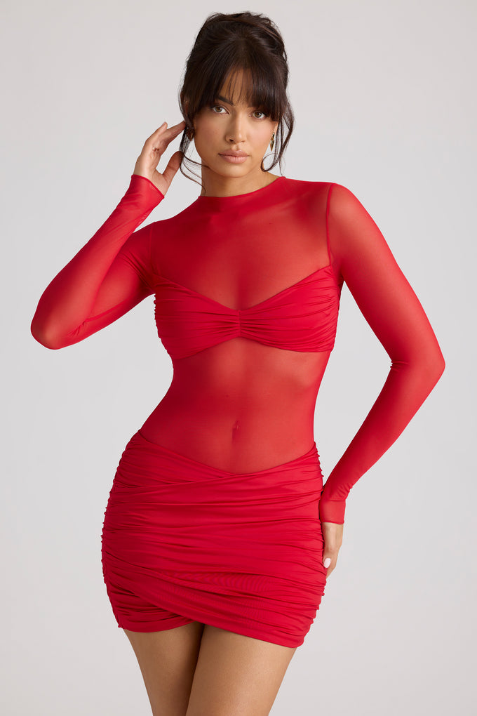 Sheer Panelled Long Sleeve Mini Dress in Fire Red