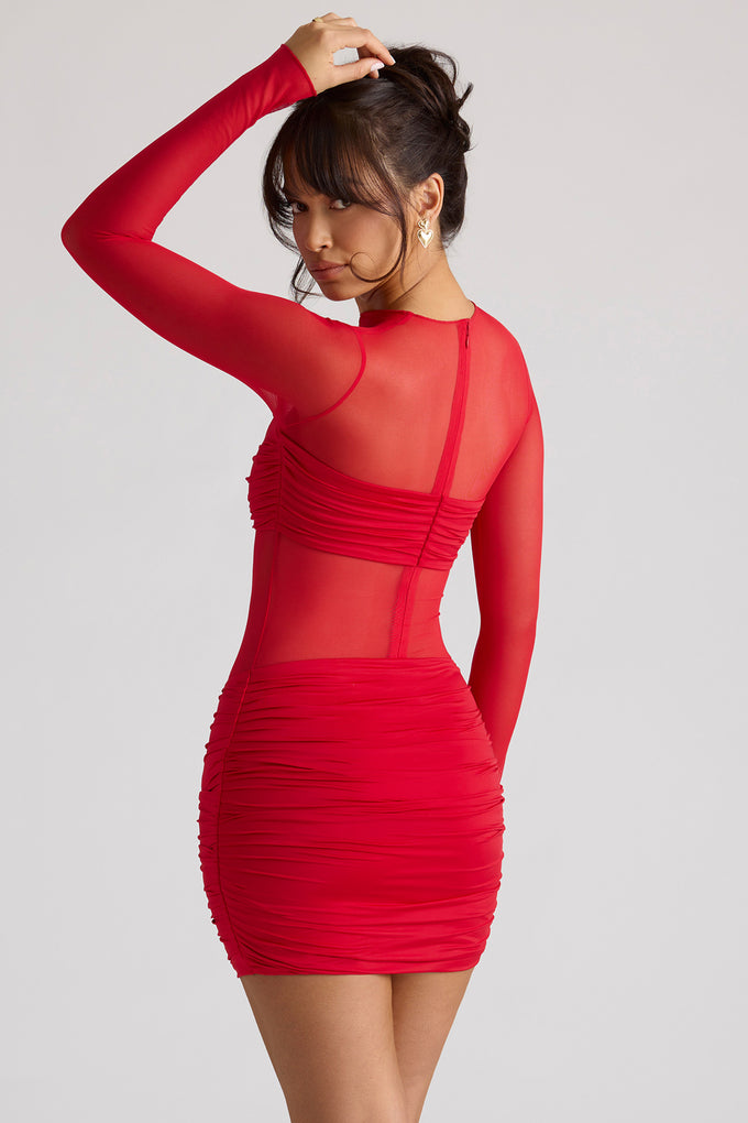 Mini-robe à manches longues et panneaux transparents, rouge feu